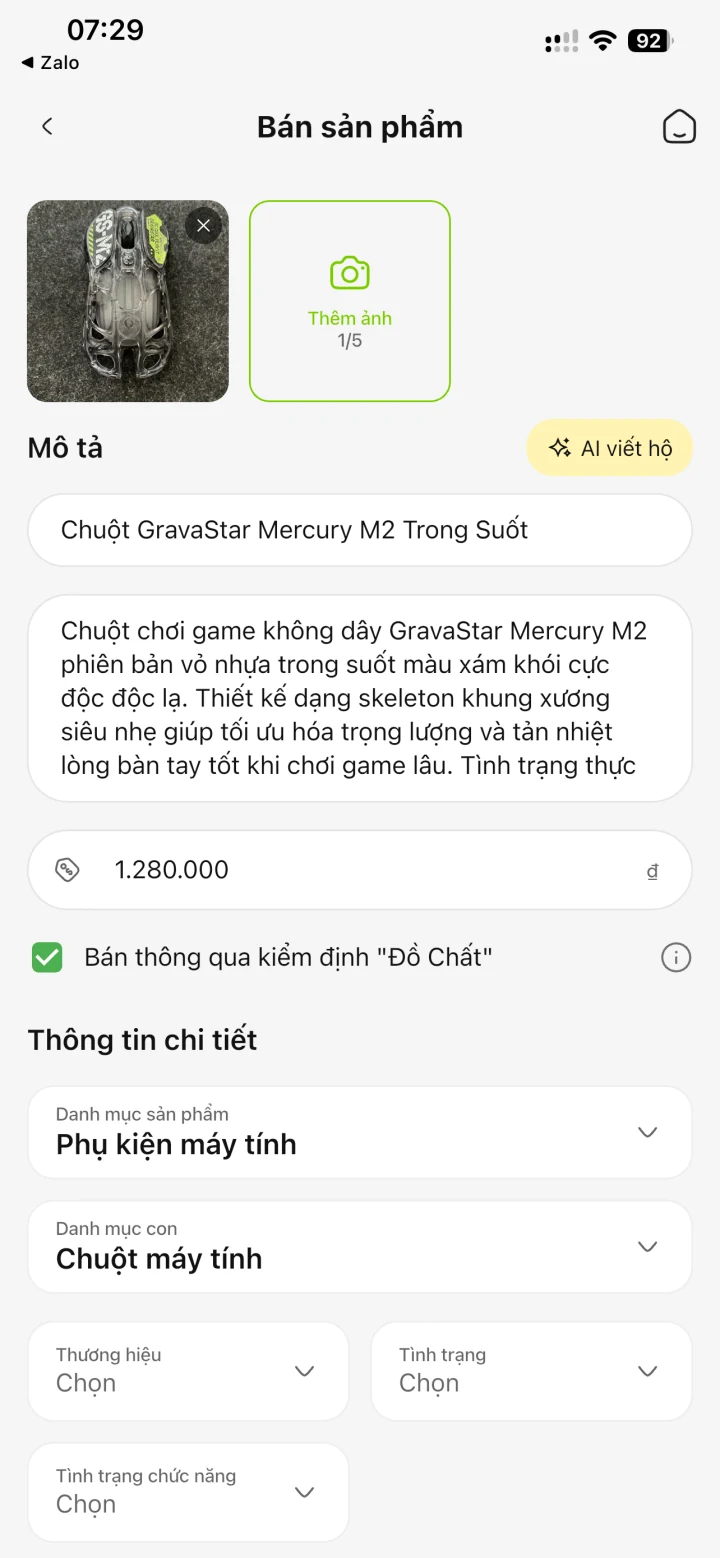 Màn hình Đồ Chất với AI gợi ý tiêu đề, mô tả và giá bán